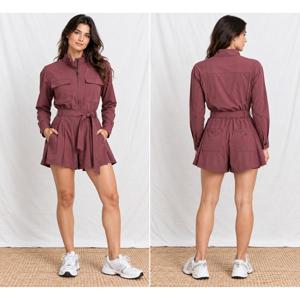 Greyson Evren Short Jumpsuit Romper L Burgundy Long Sleeve Utility Zip Front NEW